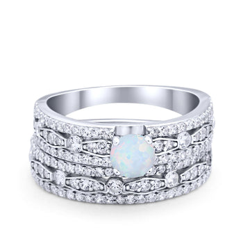 Art Deco Two Piece Bridal Set Wedding Ring Band Round Lab Created White Opal 925 Sterling Silver